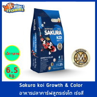 Sakura Koi สูตร Growth &amp; Color 2in1 เม็ดกลาง Size M (4MM.) ขนาด 6.5 กิโลกรัม เม็ดลอย สูตรเร่งสีเร่งโต อาหารปลาคาร์ฟ อาหารปลา อาหารปลาซากุระ ซากุระโค่ย