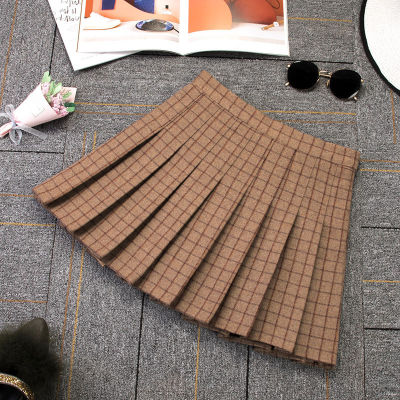 2021 Autumn and Winter Harajuku Woolen Pleated Women Skirt Yellow Plaid Zipper Thick Cotton Casual Large Size A-Line Mini Skirts