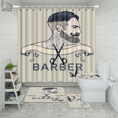Vixm Barber Shop Labels Bathroom Waterproof Shower Curtain Set Pedestal Rug Lid Carpet Toilet Cover Set Bath Curtain Mat Set