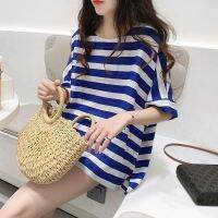 COD DDDGRYTRY T-shirt Loose Big Size Top Womens Summer New Korean Bat Sleeve Stripe Oversized Tee Female T