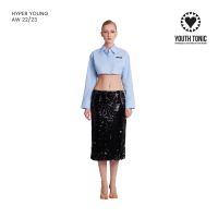 YOUTH TONIC - Midi Low-Waist Skirt Made with Sequin in Black / กระโปรง เอวต่ำ ทรงตรง แต่งเลื่อม สีดำ