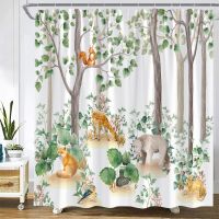 Spring Forest Shower Curtains Funny Animals Fox Bear Deer Squirrel Rabbit Green Leaves Plants Trees Modern Fabric Home Decor Set