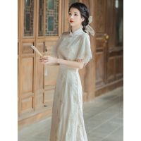 【CW】[with lining] summer womens dress Republic of China style r French embroidered cuffs pearl tassel improved cheongsam young