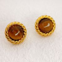 CHENFUMENG Gold Plated Twist Round Tray Brown Stone Stud Earrings with Box