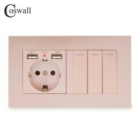 Coswall เบ้าติดผนังมาตรฐานสหภาพยุโรปที่มี2พอร์ตชาร์จ Usb ไฟ Led แบบนิ่มที่ซ่อนอยู่3แก๊ง1สวิตช์ไฟเปิด/ปิดแผงพีซี