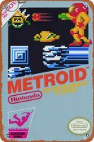 กล่อง Samus Aran เกมนิยายวิทยาศาสตร์สำหรับแอ็กชันผจญภัยเกม Metroid Nintendo ป้ายดีบุกโลหะโปสเตอร์ลายย้อนยุคแผงติดผนังภายในกลางแจ้งขนาด8X12นิ้ว