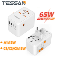 65W PD GaN Ⅲ Fast Travel Charger Quick Charger Universal Travel Adapter with USB C, TESSAN Type C Adaptor Universal Adapter, Worldwid,All-in-one Outlet Adapter Converter USA to Europe UK EU JP AUS (Type C/G/A/I)