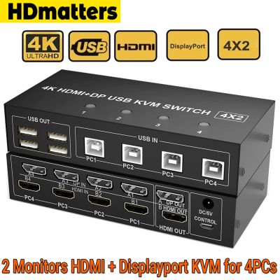 จอภาพคู่ Displayport สวิตช์ KVM สำหรับ HDMI 4K 60Hz ขยาย2X2 4X2 DP USB สวิตช์ KVM คอมพิวเตอร์2/4ชิ้นเมาส์และคีย์บอร์ด