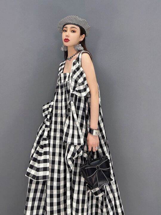 xitao-plaid-dress-casual-sleeveless-bow-tie-dress