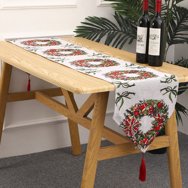 ผ้าปูโต๊ะพิมพ์ลายซานตาคลอสโต๊ะทานอาหารผ้าปูโต๊ะเสื้อผ้าถักของตกแต่งวันคริสต์มาส4-6ที่นั่ง