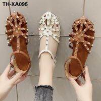 ?◐► 2023 new large size rivet hollow womens round toe flat sandals