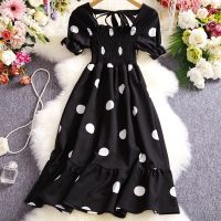 new women vintage dot print dress summer short sleeve slim high waisted dresses ladies casual dress