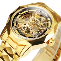 ZZOOI WINNER Luxury Skeleton Mechanical Watch for Men Golden Royal Dodecagon Case Carved Movement Stainless Steel Strap Luminous Hands