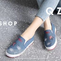 QZshop พร้อมส่ง?รองเท้าผ้าใบแฟชั่นแบบสวมไม่มีสายผูกเชือกปักลายสุดน่ารัก รองเท้าแฟชั่นสไตล์สาวเกาหลีเกาใจสวมใส่ง่ายใส่สบายใส่ได้ทุกโอกาส รองเท้าผ้าใบผญน้ำหนักเบาพื้นนุ่ม?