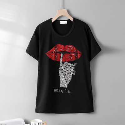 Plus Size Lip Diamonds T-shirts Y2K Clothes Casual Summer Cartoon Drilling T shirts Korean Black Loose Top Cotton Tees XS-4XL-5XL-6XL