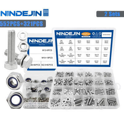 NINDEJIN 321ชิ้นชุดสลักเกลียวไนลอน M2-M12สแตนเลส552ชิ้นชุดสลักเกลียวหกเหลี่ยมภายนอก M3-สแตนเลส M6สำหรับจักรยาน