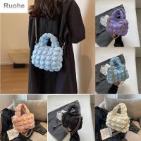 RUOHE สีทึบลำลองสไตล์เกาหลีแบบพองสำหรับผู้หญิงลายสก๊อตกระเป๋าสะพายข้างเมฆมีจีบ