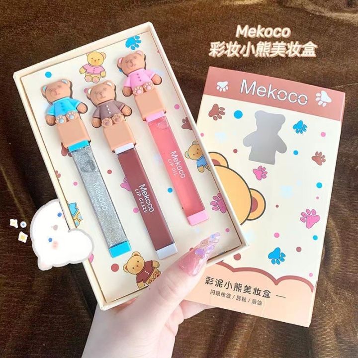 เซ็ตกลอสmekoco-3-ชิ้น-ลิปกลอส-ลิควิดอายแชโดว์-ลิปกลอส-3-in-1-เนื้อแมตต์-มุก-กันน้ํา-ลิปสติก