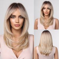 ALAN EATON Long Blonde Wigs for Women Synthetic Hair Wig with Fringe Ombre Color with Dark Roots Layered Wigs Heat Resistant