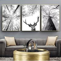 Scandinavian Tree พิมพ์โปสเตอร์ล่าสัตว์ Deer Antlers Wall Art - Woodland Tree บทคัดย่อภาพวาดผ้าใบสำหรับ Home Room Decoration