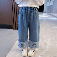 IENENS Girl Jeans Spring Loose Cartoon Denim Pants Baby Light Blue Casual Bottoms Fashion Kids Wide Leg Jeans For 1-6 Years