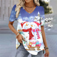 2023 NEWChristmas เสื้อยืดสตรี3d Merry Christmas พิมพ์แขนสั้น Teesv-Neck เสื้อยืดผู้หญิงขนาดใหญ่เสื้อผ้าแฟชั่นเสื้อ