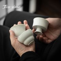 2Pc/Lot Boutique Gray White Porcelain Teacup Handmade Ceramic High Foot Tea Cup Travel Tea Bowl Master Cup Japanese Sake Bowl