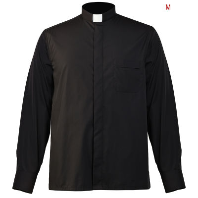 เสื้อเชิ้ตผู้ชาย Creacher Priest Tops With Tab Collar Long Sleeve For Clergy Black