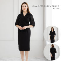 ChalotteQueenBrand T1245 ชุดเดรสสีดำ คอปกสูท  แขนตุ๊กตาผ้าชีฟอโปร่ง ทรงสอบ เดรสทำงาน ชุดทำงาน ชุดสุภาพยาว 40 นิ้ว