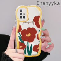 Chenyyka เคสปลอกสำหรับ Samsung กาแลคซี A72 4G A72 5G เคสแฟชั่นลายดอกไม้สีแดง A71ดีไซน์ใหม่ขอบคลื่นนุ่มเคสมือถือกันกระแทกแบบใสโปร่งใสลายกล้องถ่ายรูปเคสป้องกันที่เรียบง่ายอ่อนโยน