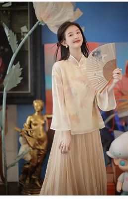 2023/สไตล์จีนโบราณใหม่ปรับปรุงเสื้อพิมพ์ลาย Qipao + ชุดกระโปรงสั้นหญิง + ภาพทางการ