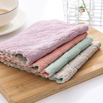 Kitchen Cleaning Solid Color Double Sided Strong Absorbent Non-Cuddly Rags Oil Dry Wet Dish Towels Brush Micro Coral