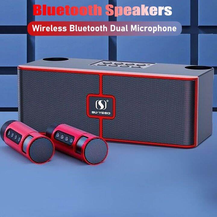 Dual Bluetooth Speaker With 2 Wireless Microphones Outdoor Family