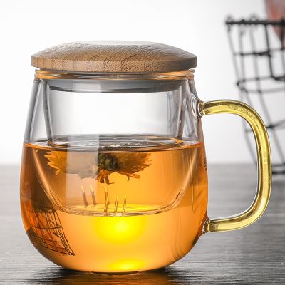 [ร้อน W] สร้างสรรค์แก้วชา Infuser ถ้วยที่มีตัวกรองโปร่งใสจับฝาไม้ไผ่ทนความร้อนดอกไม้ถ้วยน้ำชาสำนักงานชาแก้ว Drinkware