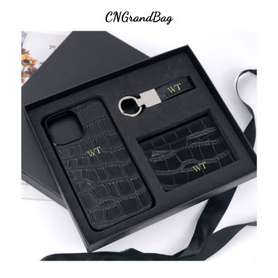 Customized Initials Gift Set Crocodile Pattern Leather Phone Case For iPhone Keychain Card Holder Gift Box Set Business Gift Set Card Holders