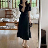 Korea Chic Cute Sweet Date Girls Feminine Women Solid Color Japanese Design Retro Vintage Puff Sleeve Long Dress