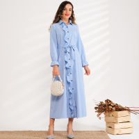 New Product Ladies Fashion Placket Ruffle Stitching Lapel Solid Color Loose Tie Belt Sweet Long Shirt Blue Woman Dress