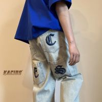 【CW】Hole embroidery drawstring jeans y2k mens loose street hip-hop mopping pants trend personality straight casual fashion trousers