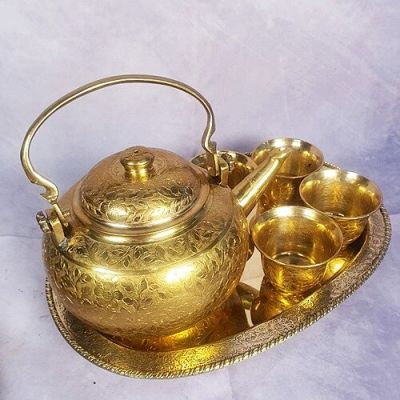 ชุดน้ำชากาแป้นใหญ่ ทองเหลืองตอกลาย ถาดรูปไข่ 12 นิ้ว