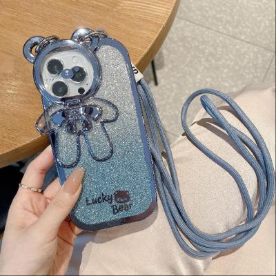 Glitter Powder Electroplated Little Bear Phone Case สำหรับ iPhone14ProMax ปลอกไนลอนสำหรับ iPhone12ProMax Plating กระเป๋าสะพายข้างสำหรับ iPhone13Pro Bowknot Little Bear Phone Case สำหรับ iPhone11