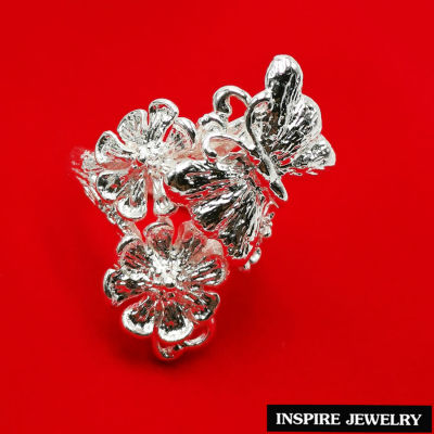Inspire Jewelry ,แหวนผีเสื้อและดอกไม้  ตัวเรือนหุ้มเงินแท้ 100% เคลือบด้วยอีโค้ด สวยเงา ทนนาน พร้อมถุงกำมะหยี่
