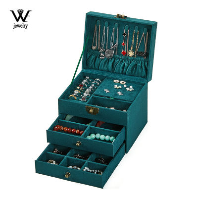 WE Three-layers Portable Green Jewelry Box with Retro Lock Organizer Storage Earring Necklace Display Organizer for Women Gifts