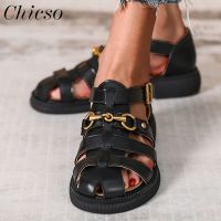 Sandals Women 2023 Summer New Retro Metal Chain Closed Toe Ladies Roman Sandals 34-44 Large-Sized Female Casual Beach Shoes