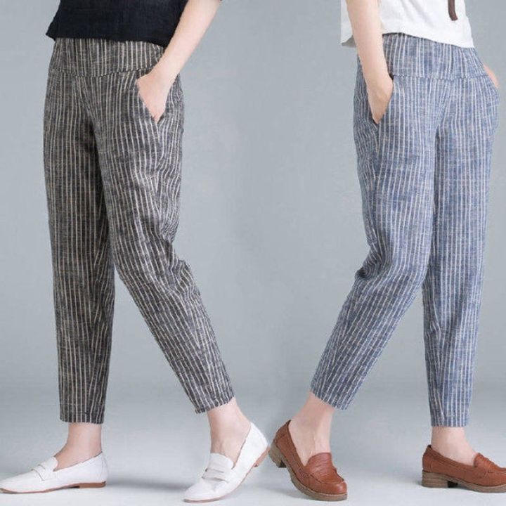 ○☢❈ Size M-3XL Long Harem Pants for Women Stripe Cotton and