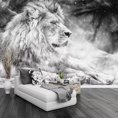 [24 Home Accessories] วอลล์เปเปอร์ภาพที่กำหนดเองภาพจิตรกรรมฝาผนังสัตว์สีดำและสีขาว Lion Papier Peint Mural 3D ห้องนั่งเล่นโซฟาห้องนอนพื้นหลังกระดาษตกแต่ง