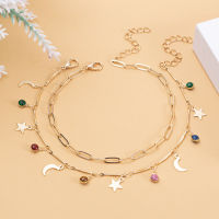 2Pcs Double Layers ปรับ Extended Chain ผู้หญิง Anklets Faux Gem Star Moon จี้ Anklets รองเท้า Chain Anklets Double