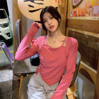 New Autumn Irregular Drawstring at Hem Long-Sleeved T-shirt Female Hot Girl Design Sense Short Bottoming Shirt Top