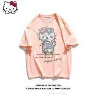 Gothic Sanrio Hello Kitty สร้างสรรค์พิมพ์ Tees ฤดูร้อน2022สไตล์ใหม่แขนสั้นเสื้อยืดผู้หญิงหลวมเสื้อผ้าคู่เสื้อ