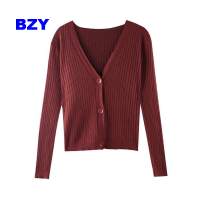 BZY เสื้อคาร์ดิแกนถักลำลองบางแขนยาวสีธรรมดา