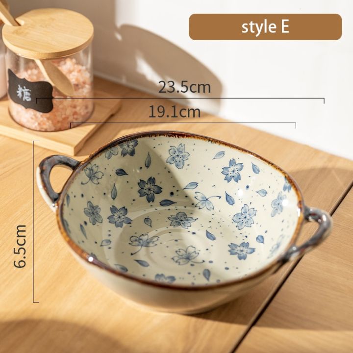 ชามพาสต้าสลัดพร้อมที่จับชามซุปเซรามิคในครัวเรือนญี่ปุ่น7-5นิ้วเครื่องใช้สำหรับโต๊ะอาหารที่ใช้ในครัวไมโครเวฟเตาอบ